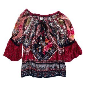Boho Red Floral Print Shirt SZ L